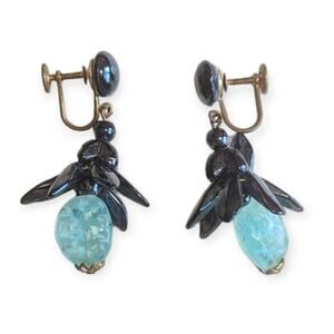 Vintage Blue Glass Flower Strawberry Hematite Look Earrings West Germany